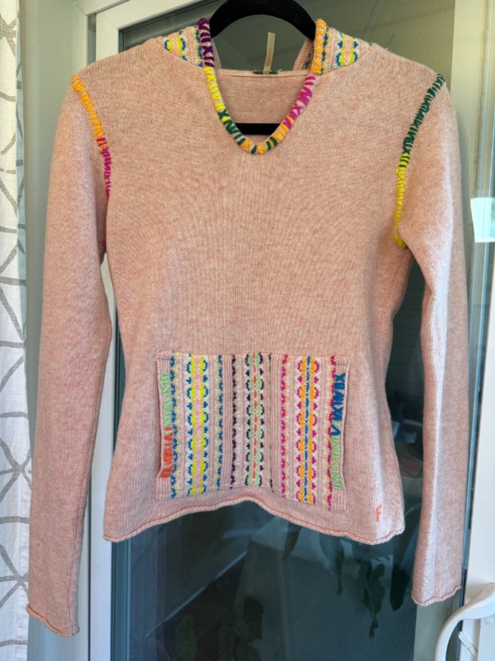 Free People Vintage Wool Hooded Pullover Sweater Rainbow Stitch Blush Pink XS